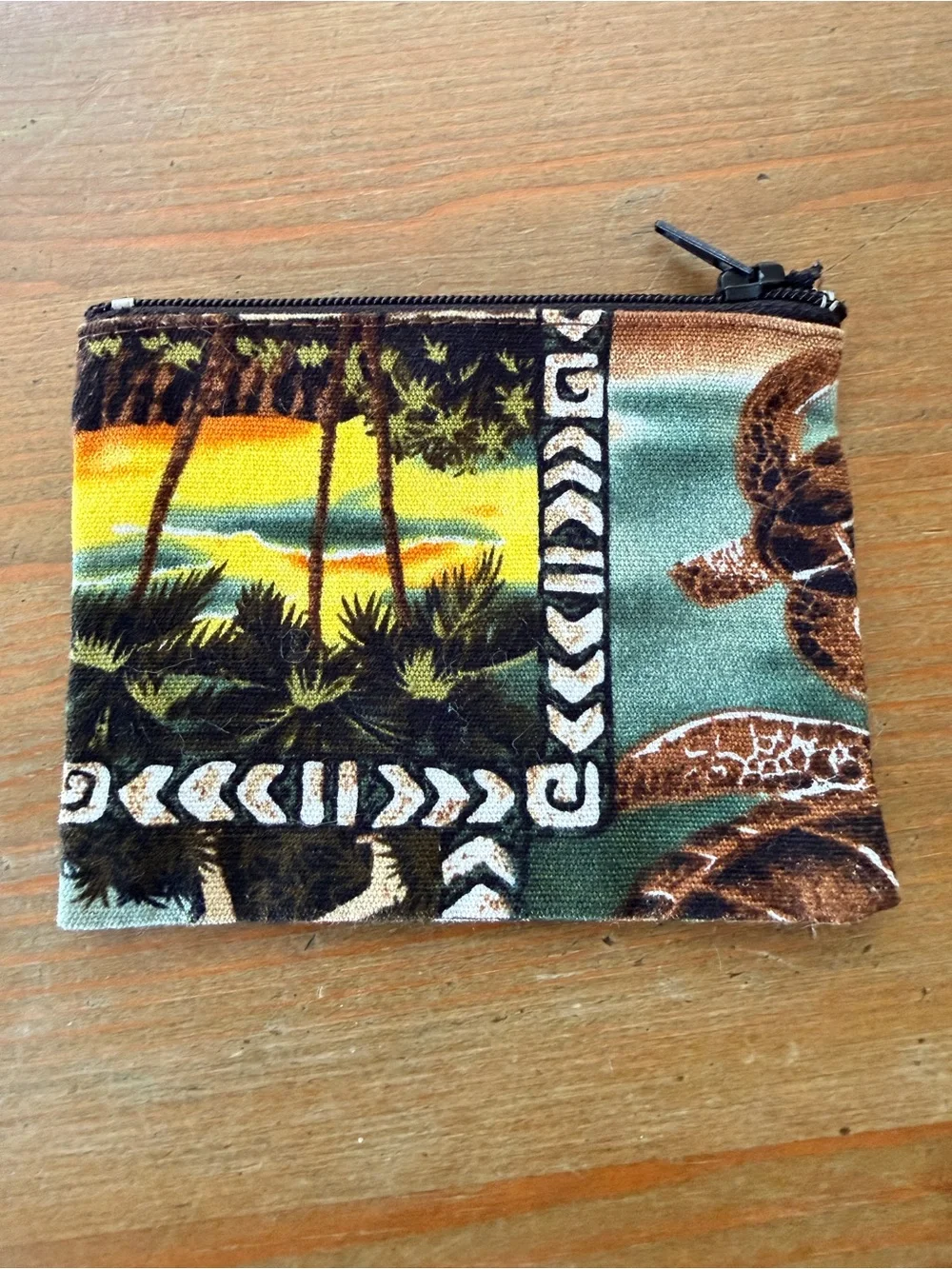 Island Aloha Wear Hawaiian Print Coin Pouch Card Wallet Teal & Brown Palm Trees
